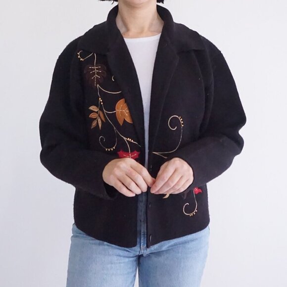 Vintage Crystal Kobe Black Embroidered Harvest Leaves Button Cardigan Sweater L - Picture 2 of 11